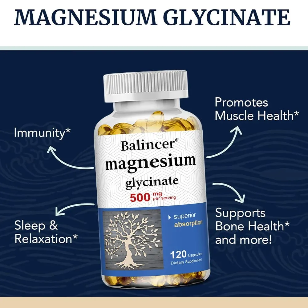 Magnesium Glycinate 500 Mg - 30/60/120 Capsules High Absorption Dietary Supplement for Sleep Heart & Muscles Health NON-GMO — image 3
