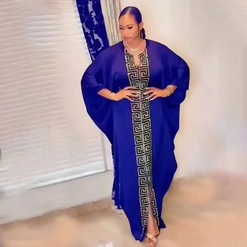 Mode afrikansk kvinna stor storlek fladdermössärmad klänning muslimsk islamisk stil Robe imitation siden Hot Fix Strass — image 6