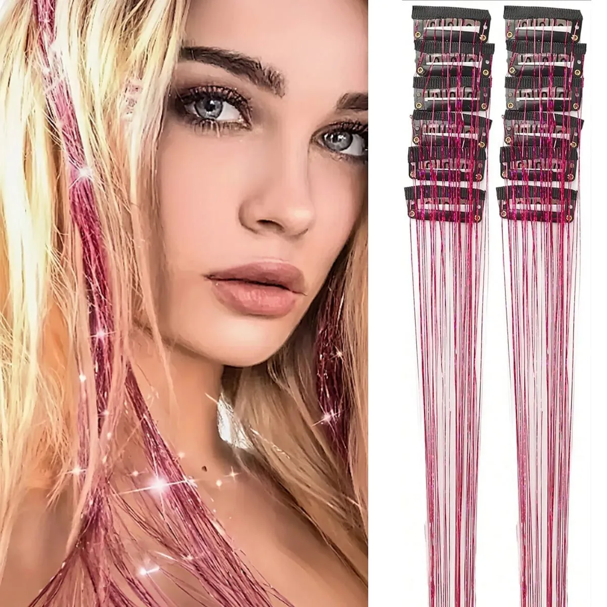 12Pcs Synthetic Hair Tinsel Clip in 20Inch Glitter Tinsel Hair Clip in Hair Tinsel Kit Heat Resistant Shiny Sparkle Fairy Hair — image 10