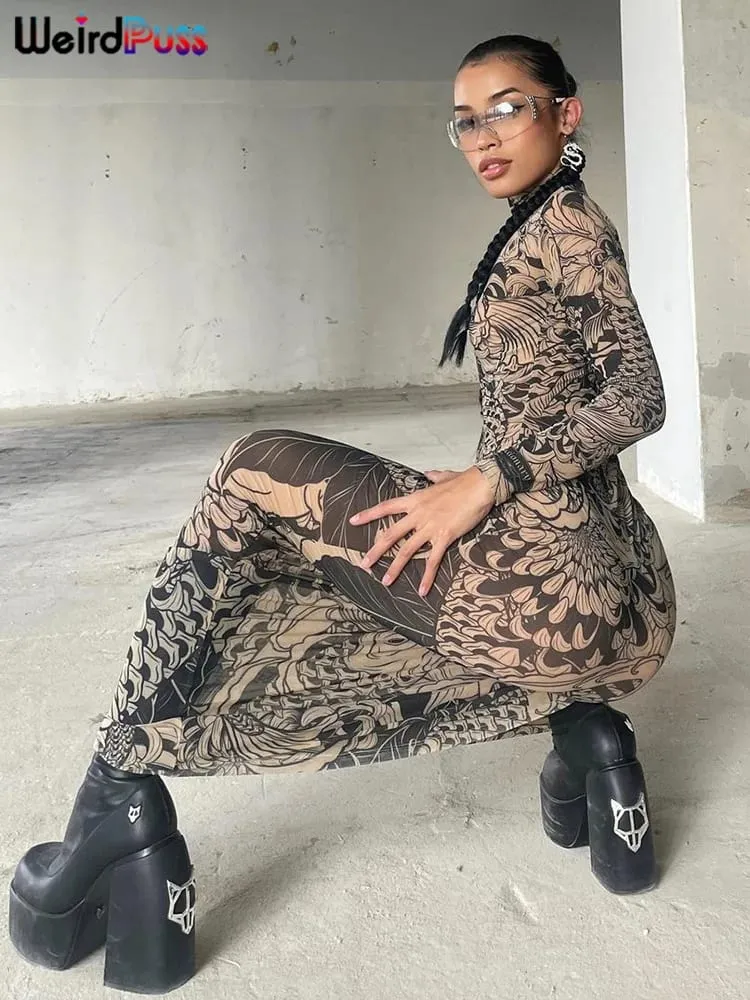 Weird Puss Mesh Print Women Maxi Dress Turtleneck Full Sleeve Bodycon Autumn Trendy Hipsters High Street Party Y2K Attirewear — image 2