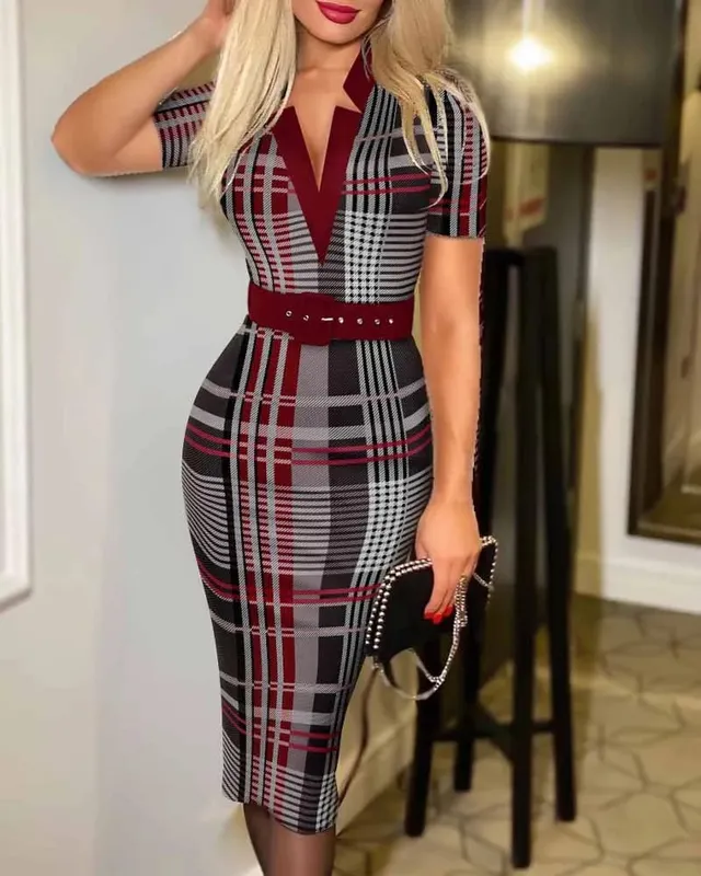 Sexig geometriskt mönster för kvinnor med v-ringad midi pennklänning med bälte Långärmad stickad Bodycon-klänning Lämplig för alla årstider