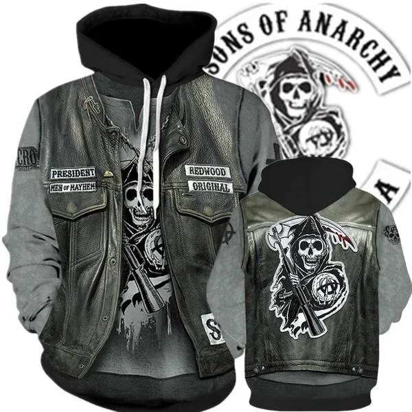 Men's Street Style 3D Sons of Anarchy Print Hoodies Sweatshirts Autumn/Winter Unisex Loose Casual Tracksuit Outdoor Y2k Pullover