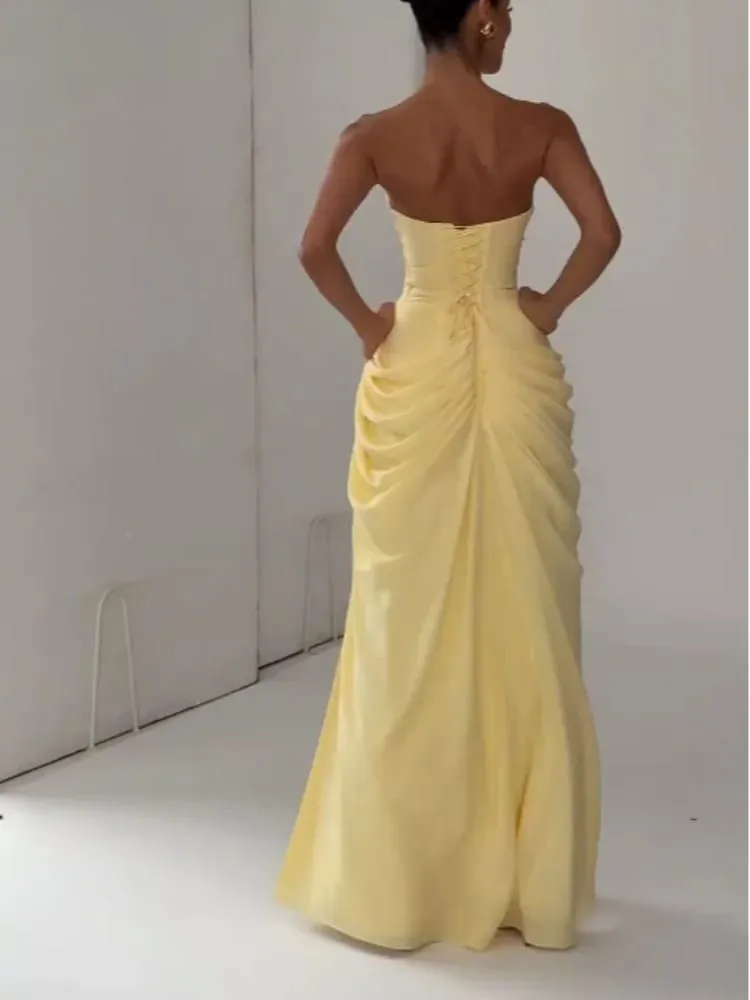 Elegant Yellow Strapless Pleated Dress Women Chic Sleeveless Waist Cinching Split Maxi Gowns 2026 Lady Evening Party Dresses — image 4