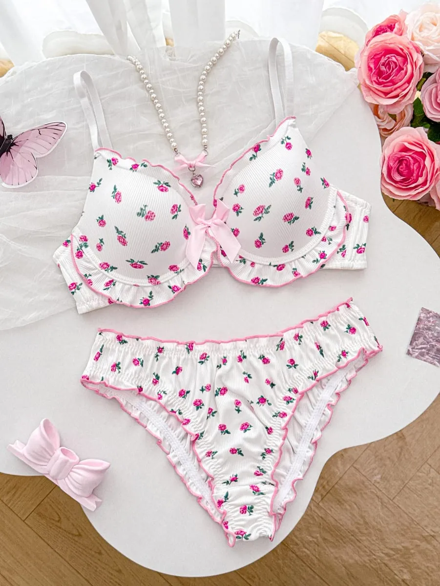 Floral a b c d cup conjunto de roupa interior feminina malha com nervuras push up sutiã diário conforto calcinha feminino babado borda lingerie conjunto