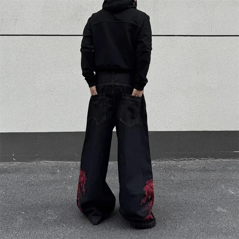 2026 New Side Red Dragon Embroidery Baggy Jeans For Men Y2K Streetwear Punk Fashion Denim Pantalones American Retro Hip Hop Jean — image 3