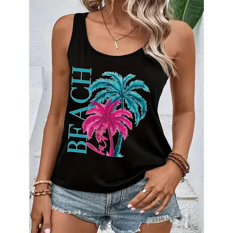 Women's Cool Summer Tops with Coconut Tree Prints Sleeveless Tops. Comfortable and Casual Beachwear for a Vacation Style. — image 4
