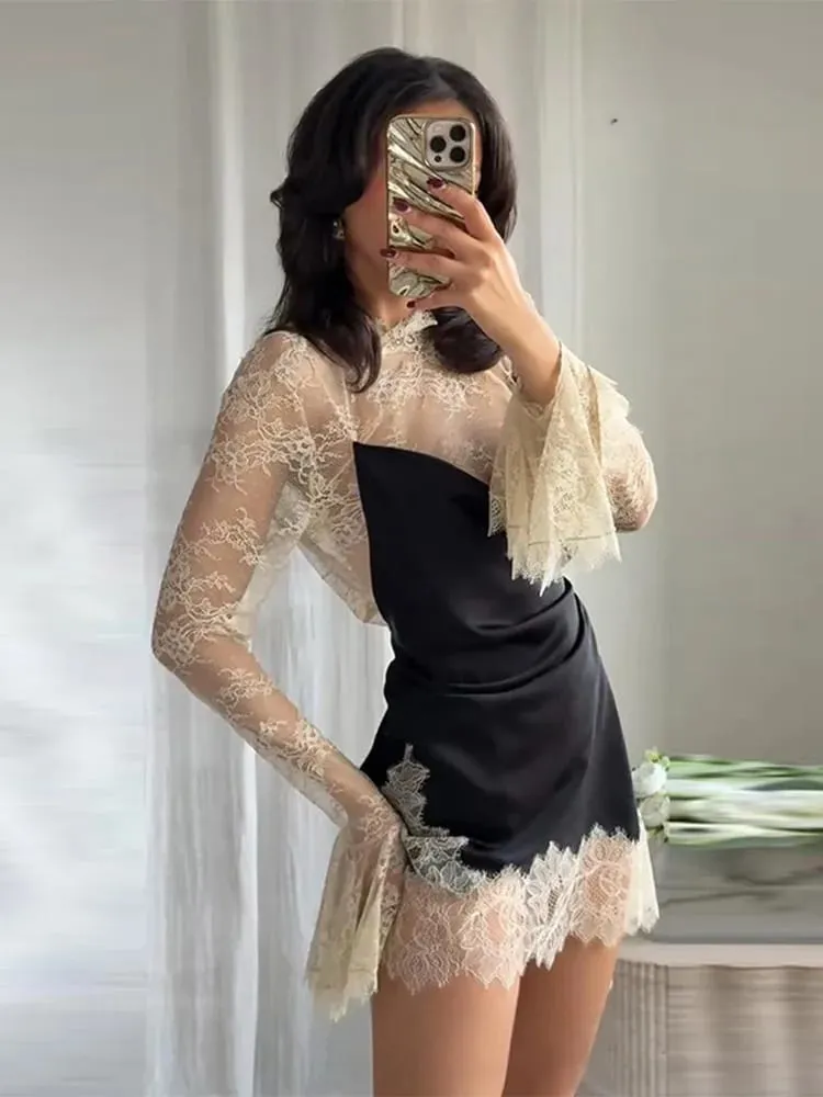 Elegant Women's Lace Trim Satin Dress High Neck Bell Sleeve Vintage Black Party Clubwear Chic Cocktail Mini Dresses Chic Outfit — image 6