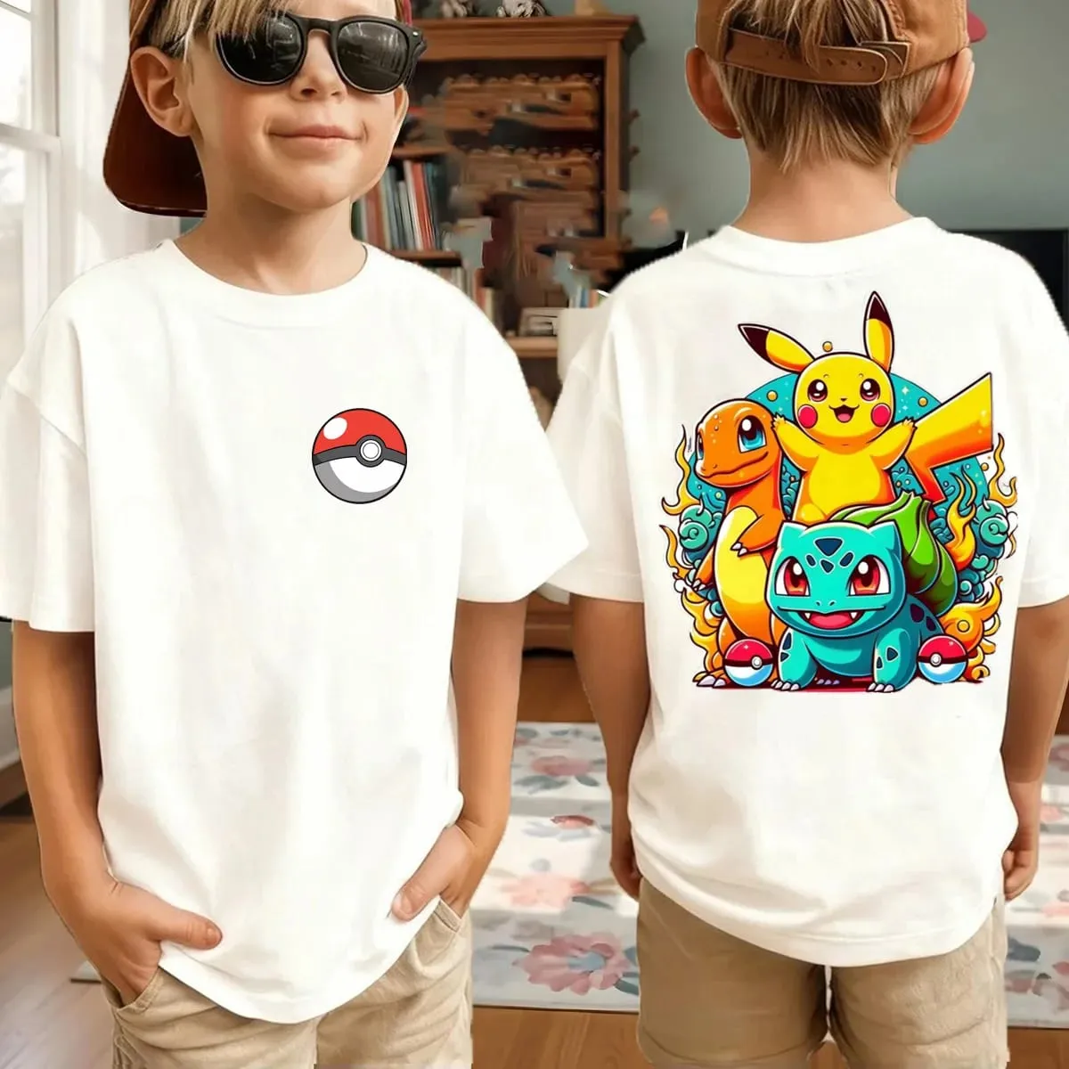 Summer Pokémon AnimeT-shirts Boys Pure Cotton Short-sleeved Top Casual Suitable for Both Boys and Girls Parent-child Outfits.