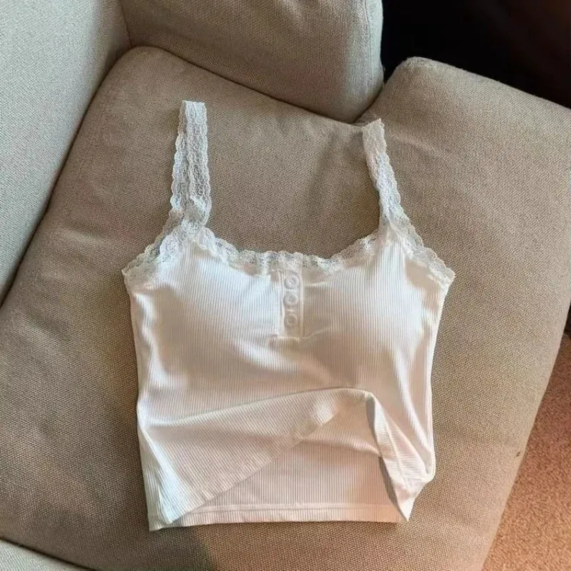 Sexy White Knit Camisole Lace Tank Top Cropped Vest Women's Sleeveless Crop Tops with Chest Pad Y2k Cute Summer Slim Undershirt — image 11