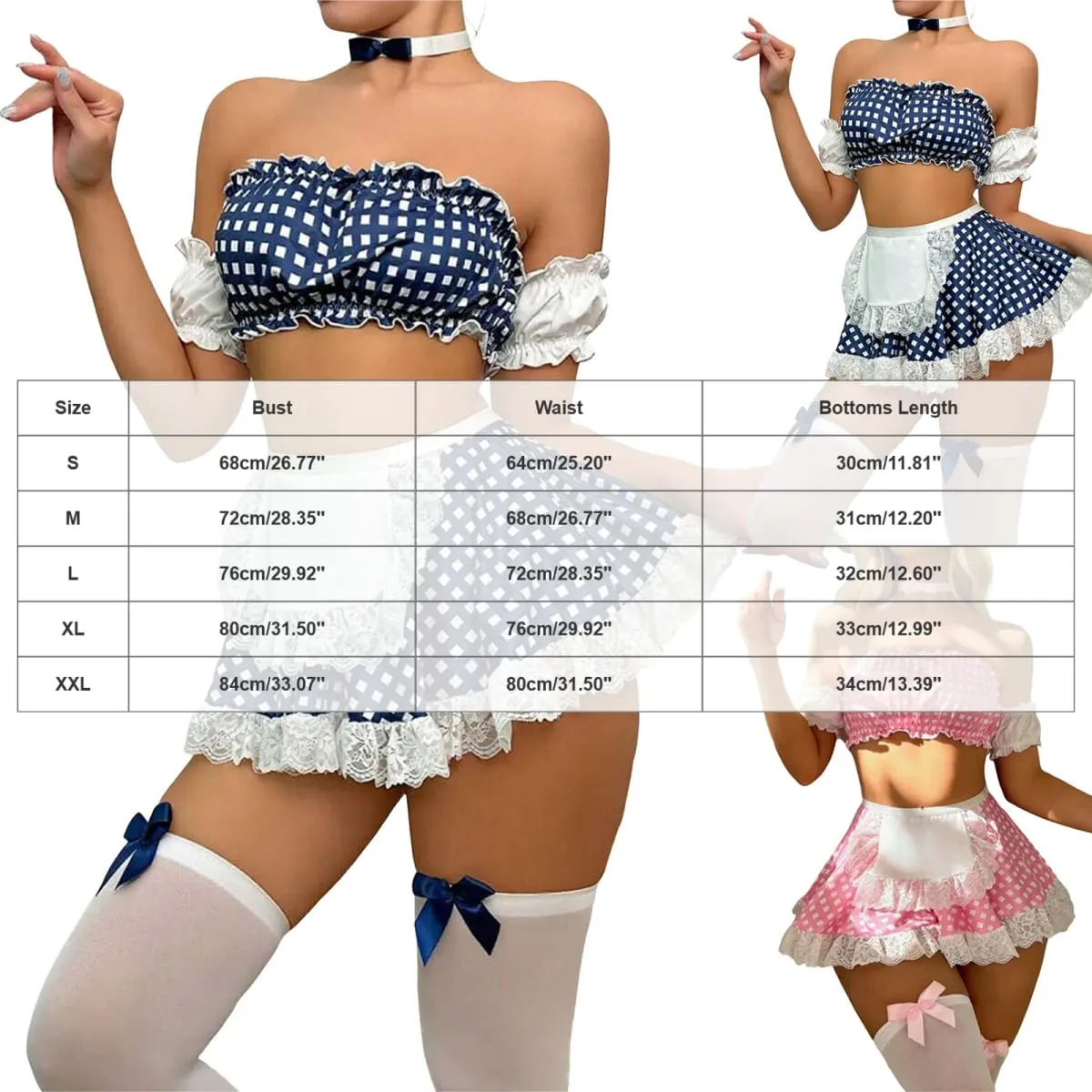 Sexy Maid Grid-Print Lace Skirt Lingerie Sets Adult Uniform Cosplay Backless Tube Tops Pouch Skirt Sets Elegant Night Club Wears