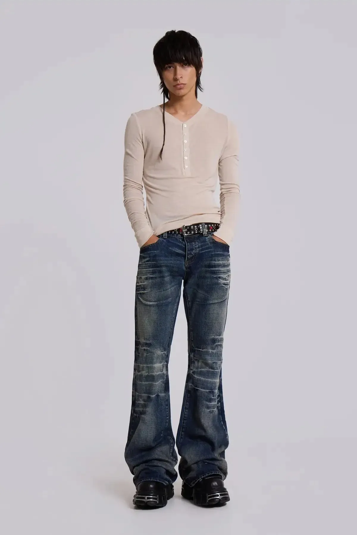 Y2K Mid Blue Flared Jeans Vintage Washed Men Women Bootcut Jeans Gothic High Street Unisex Streetwear Retro Baggy wide leg Pants — image 8