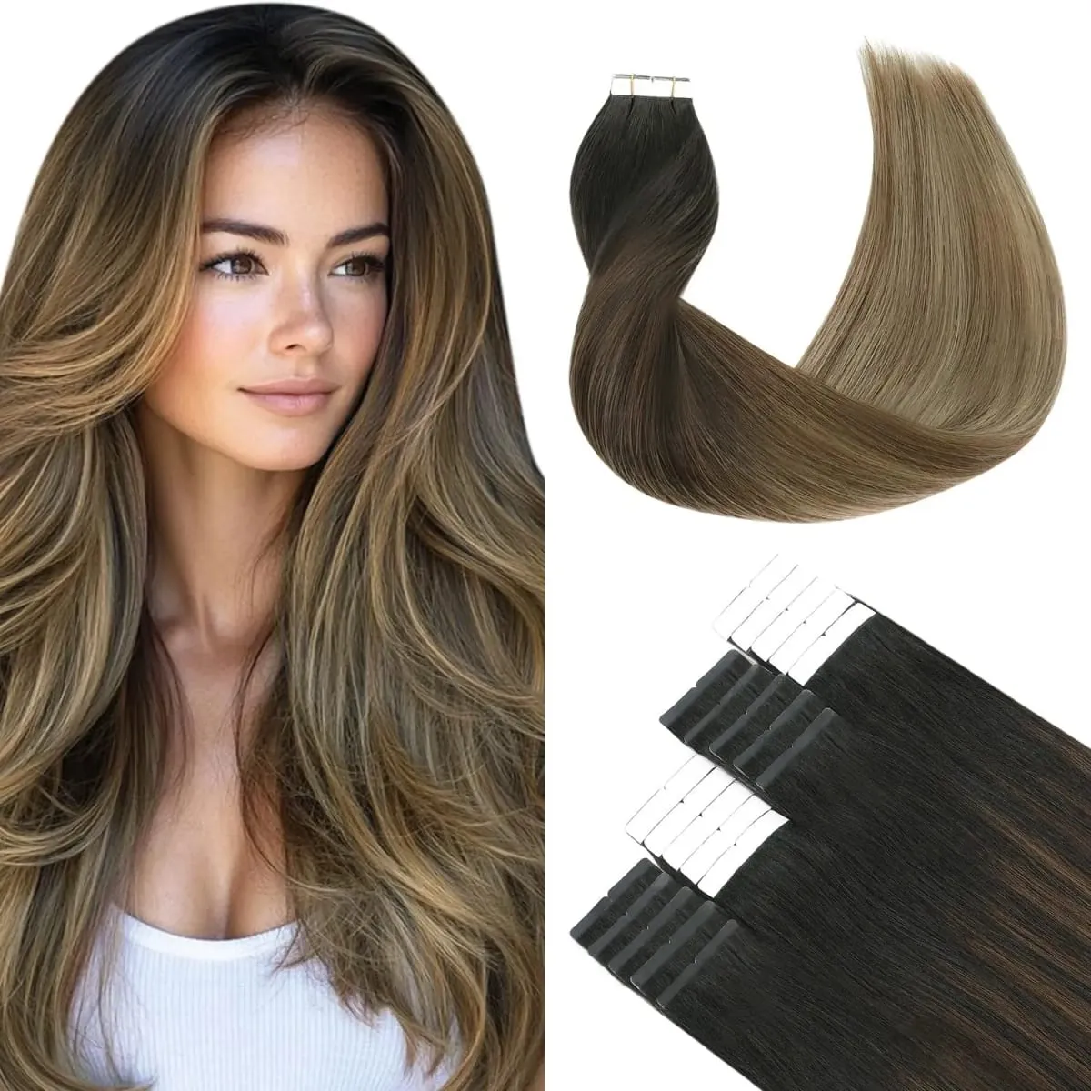 Dark Brown #2 Tape in Hair Extensions Human Hair 14-22inch Skin Weft Silky Straight