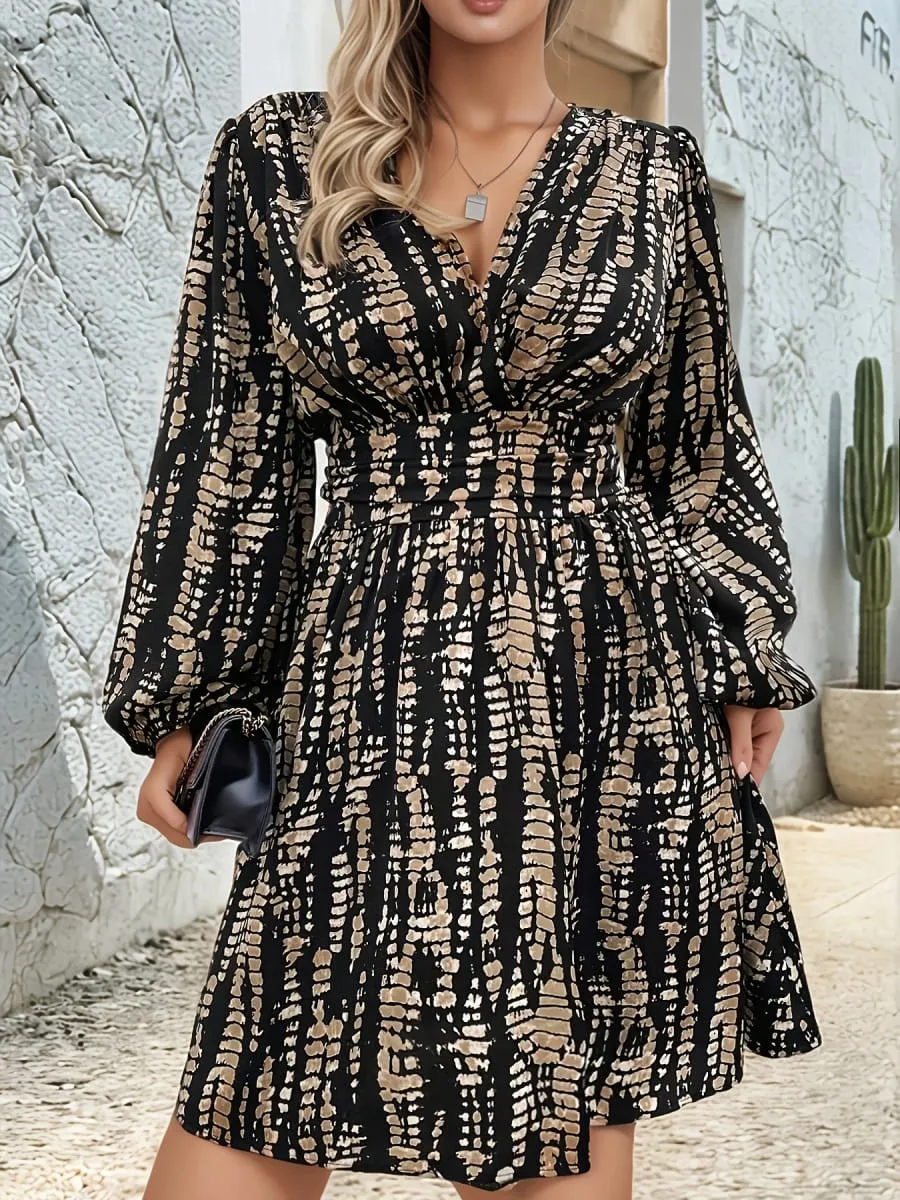 Elegant Directed Cross Neck Pleated Long Sleeve Waist Cinched Floral Print Midi Dress — image 4