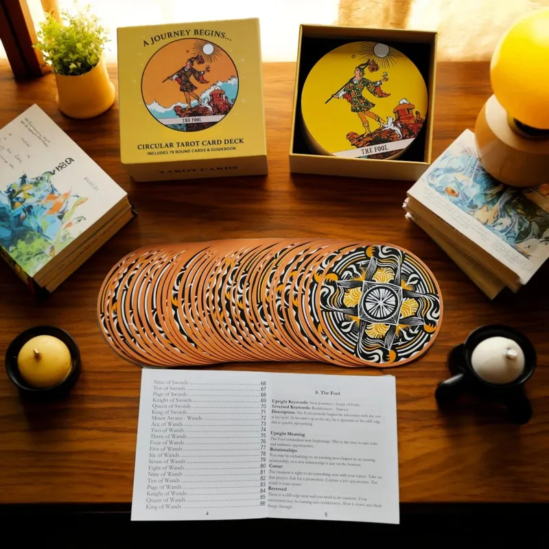 Circular Tarot Cards Deck Include 78 Round Cards & Paper Guidebook in Rigid Box Wait Tarot Deck A Journey Begins for Beginners