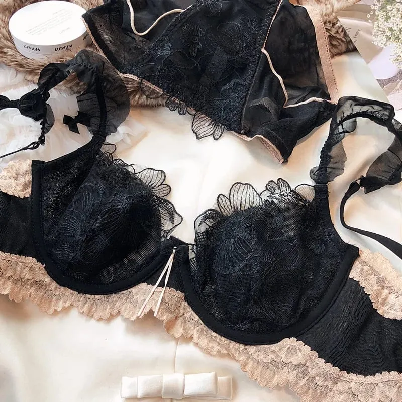 French Elegant Embroidered Lace Minimizer Bra Support Soft Underwire Rabbit Ear Cup Sexy Pure Lingerie Set Large Bust S-XL Tushy — image 2