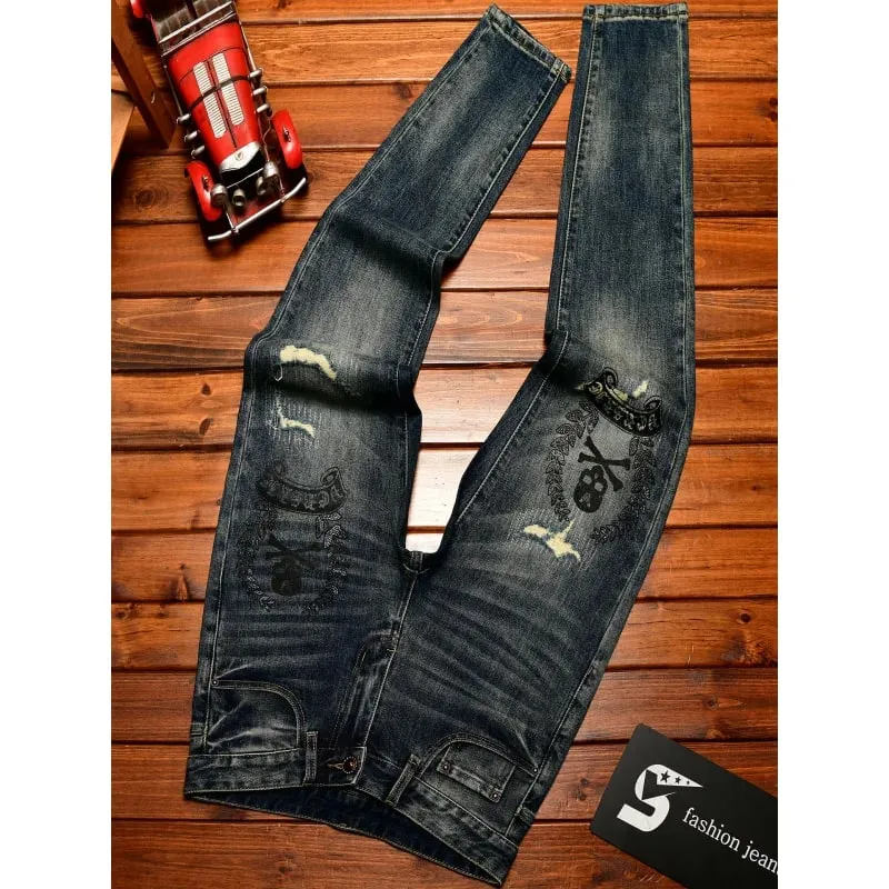 High end jeans men with ripped holes street fashion prints small feet elastic retro and handsome pants — image 4