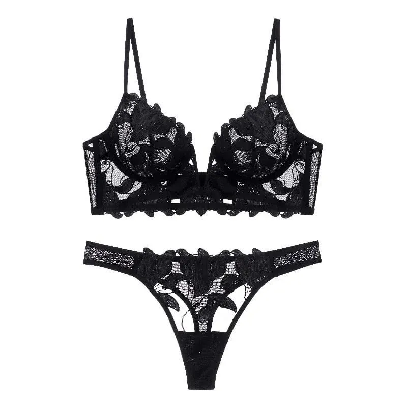 Women Red Floral Lace Lingerie Set Sheer