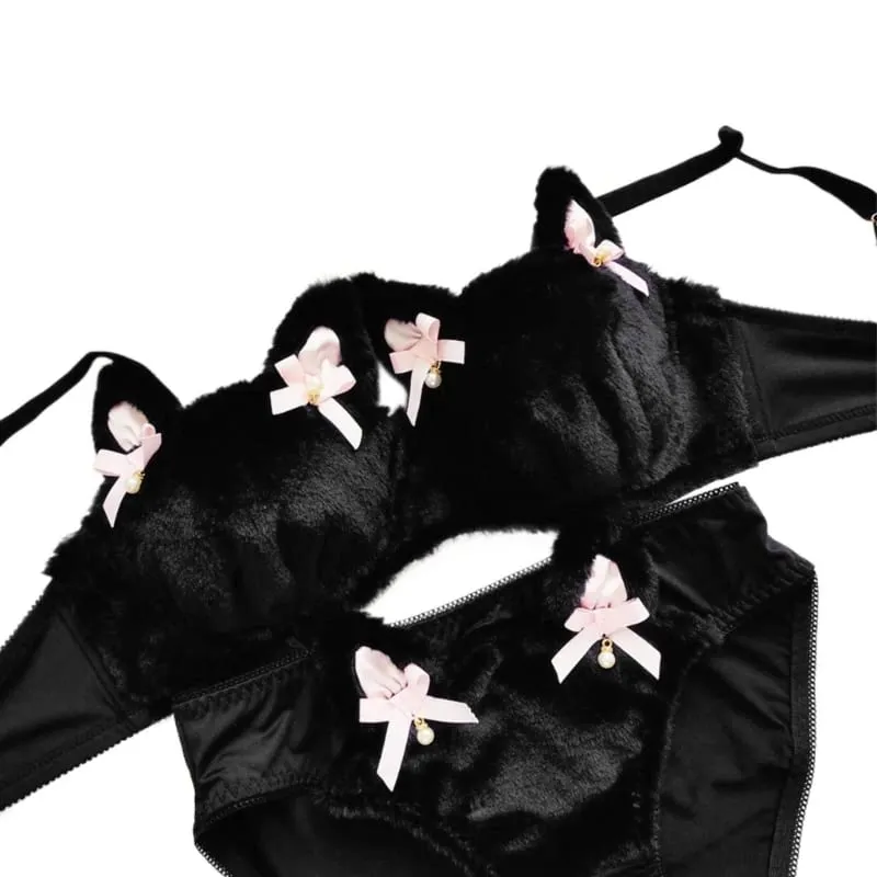 Conjunto de calcinha e sutiã de pelúcia peludo feminino, estampa de panda de desenhos animados, lingerie de inverno, menina escolar, anime japonês, roupa íntima cosplay — image 20