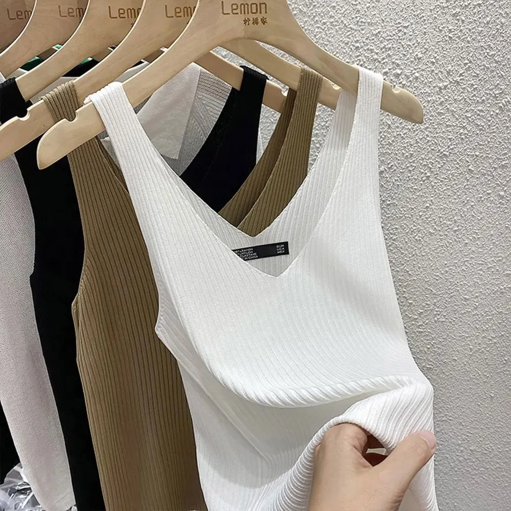 New Summer Sexy V-Neck Sleeveless Knit Women Camis Slim Pure Desire Style Basic Crop Top Korean Style Solid Versatile Tank Top — image 6