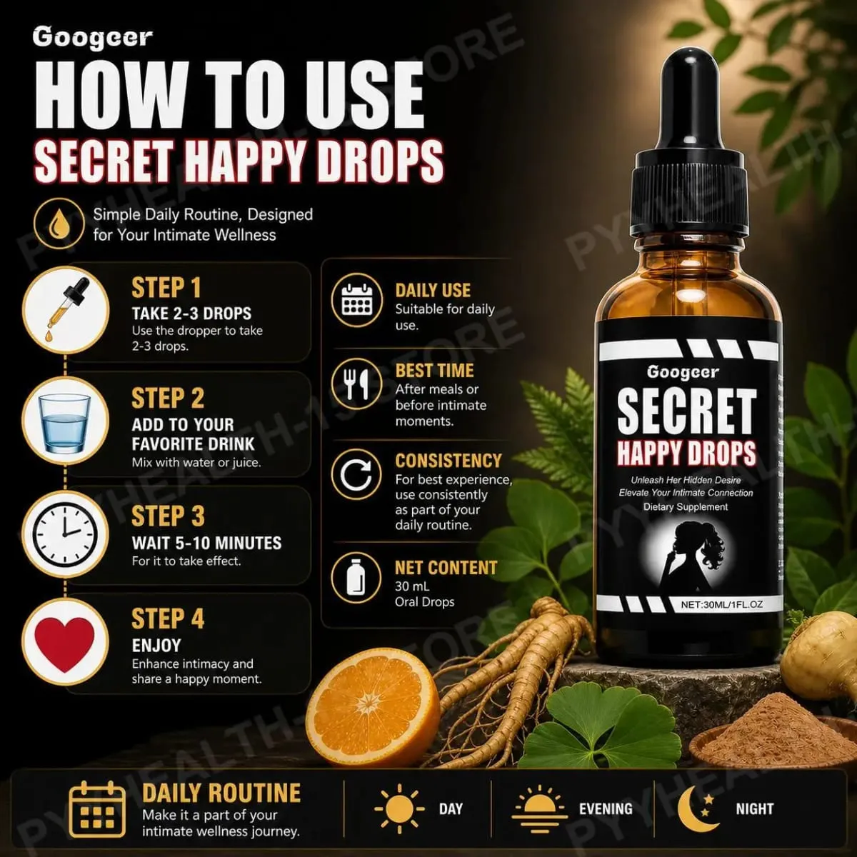 Googeer Secret Happy Drops Oral Drops Herbal Epimedium Maca Root Ginseng Ginkgo Biloba Support Blood Circulation Intimacy 30 ML — image 6