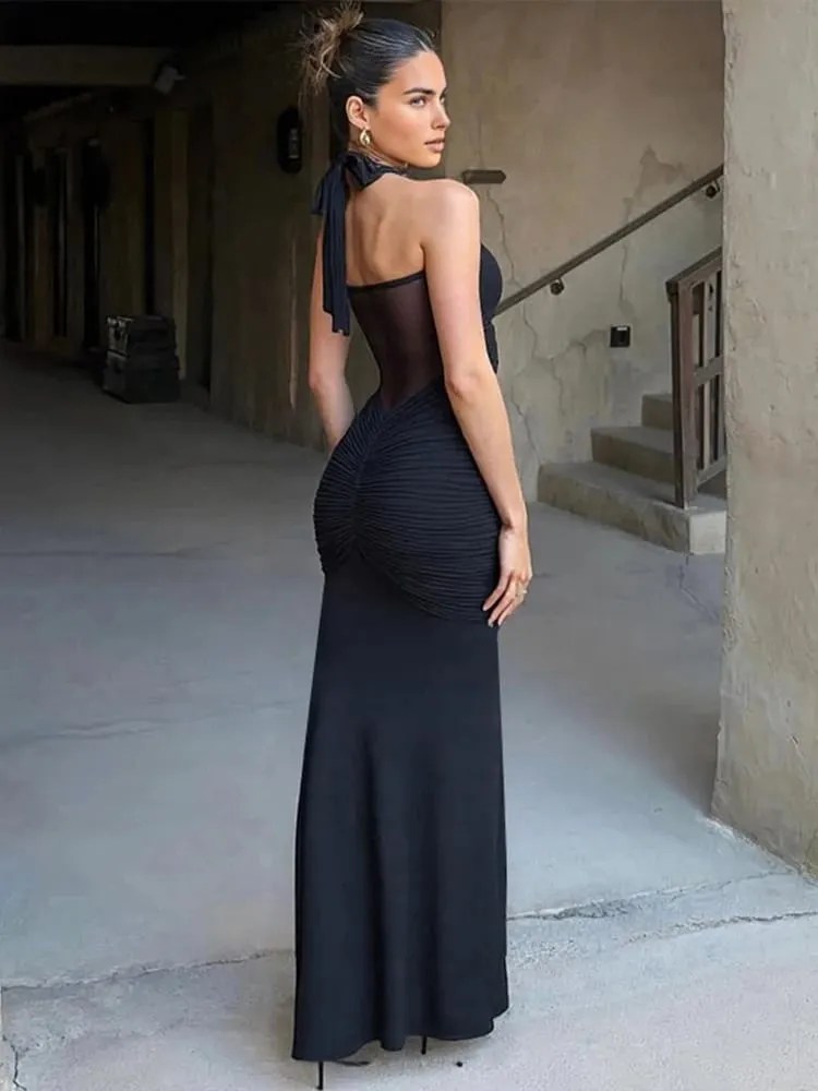 Nibber halter malha retalhos vestido feminino verão tendência fora do ombro sem costas ruched fita meia-noite baile de formatura festa hipster vestidos — image 3