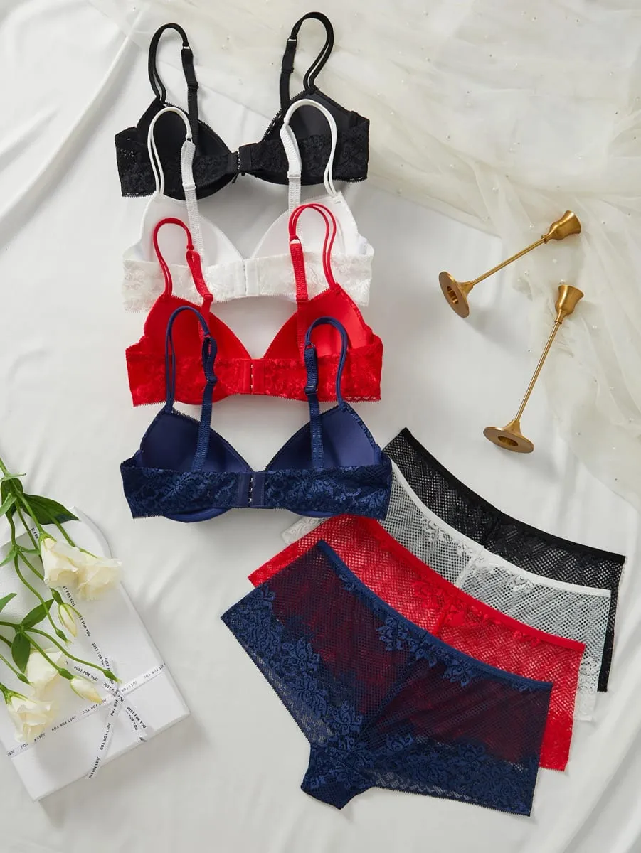 4Set Women Floral Lace Lingerie Set Underwire Push up Bra Breathable Sheer Hollow Panties Ladies Underwear Set — image 4