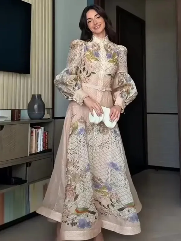 Elegant Floral Printed Women's Dress Stand Collar Full Puff Sleeve A-line Long Dresses 2026 Summer Vacation Party Lady Robes