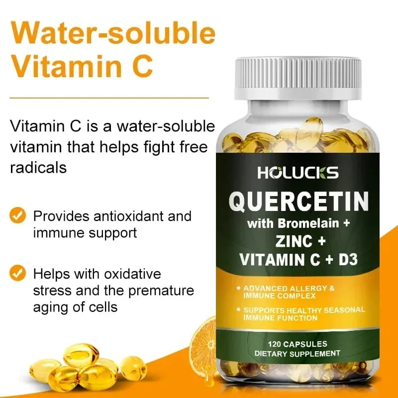 Advanced Quercetin Vitamin C + D3 Supplement with Bromelain for Immunity Skin Health & Strong Bones Overall Vitality Vegan