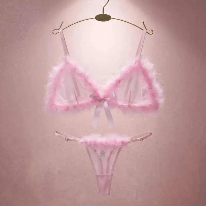 Sweet Furry Women's Underwear Wireless Mesh Transparent Lingerie Set Bow Decor Romantic Intimate Bra Panties Suit Home — image 5