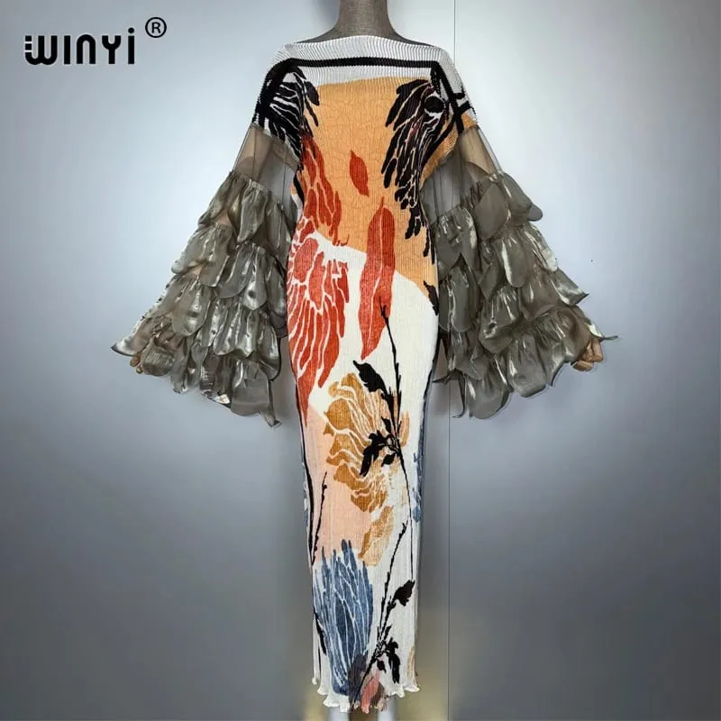 Elástico fino vestido plissado praia cobrir boho kaftan abaya dubai vestido de festa de luxo longo para baixo mulher muçulmana vestido de noite