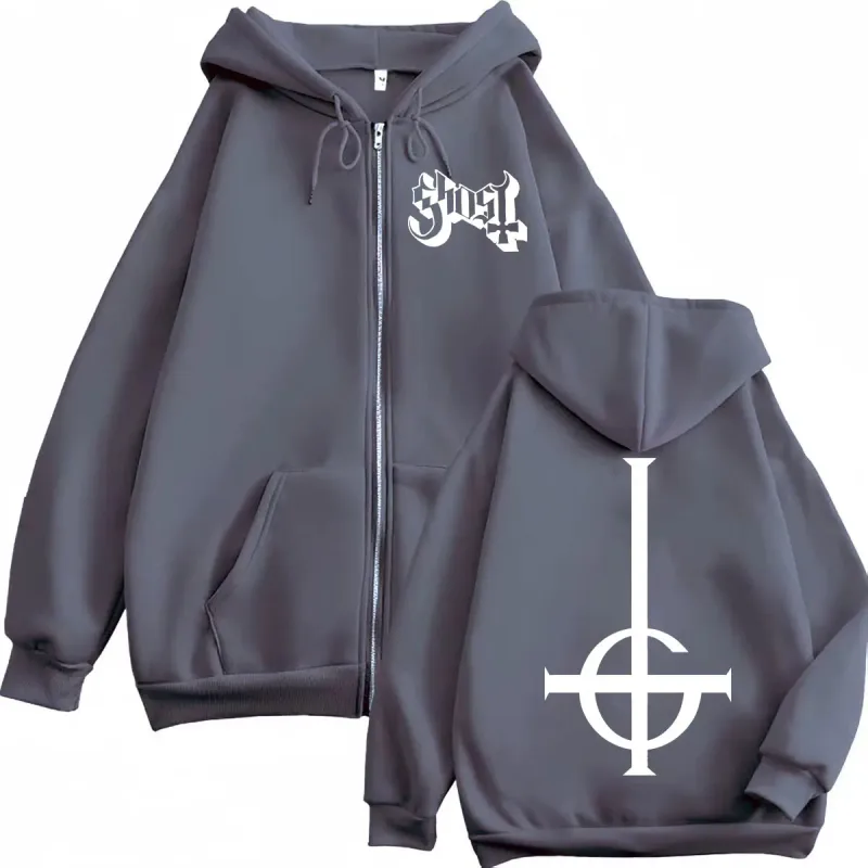 Venda quente Ghost Rock Band Logotipo Zíper Moletom Com Capuz Masculino Feminino Moda de Alta Qualidade Zip Up Moletons Casual Solto Pulôveres de Lã — image 5