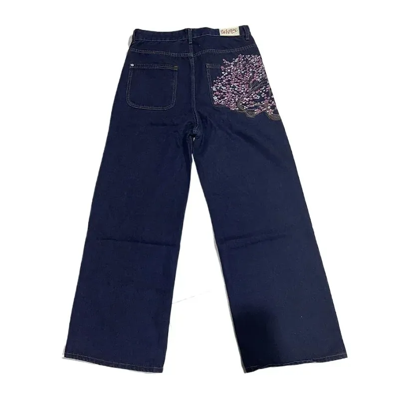 New Sakura Carp Embroidered Jeans Y2k Harajuku Retro Men and Women Loose Street Style Trousers Gothic Punk Casual Straight Jeans