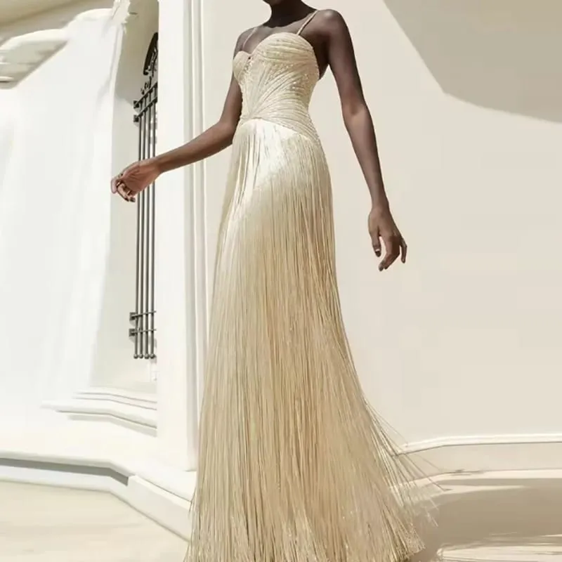 Fashion Backless Slim Fit Evening Gown Shiny Sequined High Waist Women Long Dress Sexy Wrap Chest Sleeveless Hollow Tassel Dress — image 4