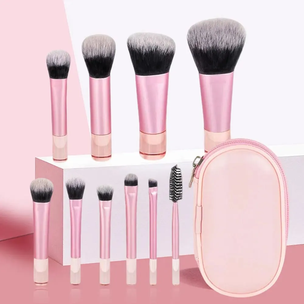 10 Piece Mini Portable Makeup Brush Set a Travel Essential Multi Functional Soft Bristle Brushes with Included Storage Pouch — image 1