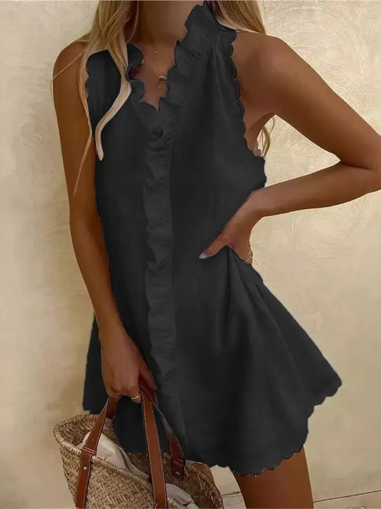 2025 verão sexy casual mini vestido feminino moda elegante férias cor sólida plissado sem mangas vestidos com decote em v vestidos soltos — image 5