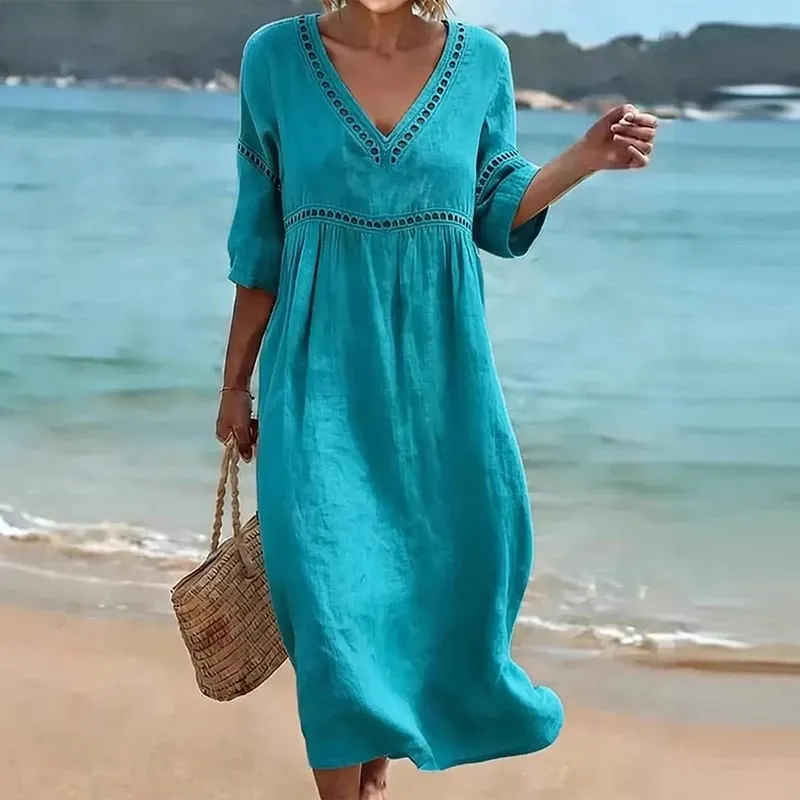 Summer V Neck Half Sleeve Loose Beach Holiday Dress Women Casual Hollow Out Design Solid Color A-line Midi Dress Boho — image 8