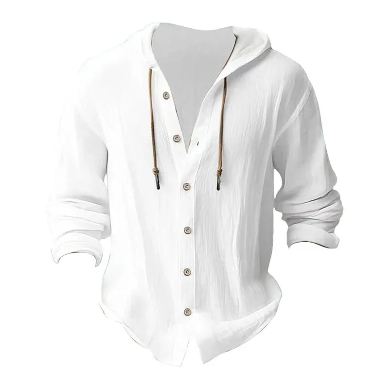 Solid Color Casual Shirt ng Lalaki na Naka-hood na Drawstring na Cotton at Linen na Cardigan Trendy at Versatile Loose Beach T-Shirt — image 7