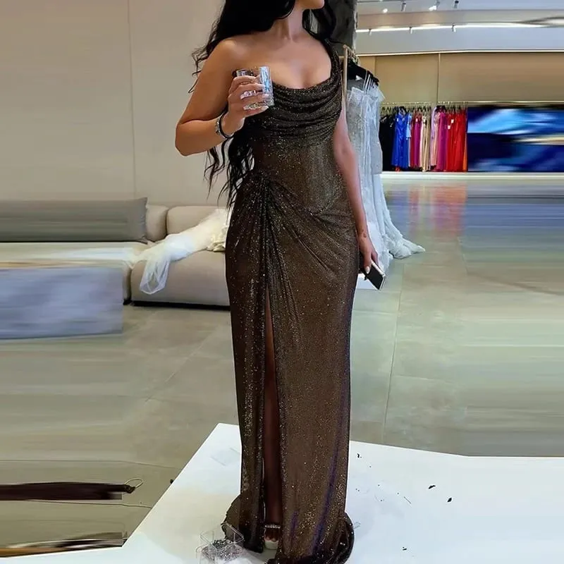 Sexy Elegant Full Length High Split Party Dress Chic Girdling Banquet Maxi Dress Luxury Women One Shoulder Glitter Slim Dress — image 2