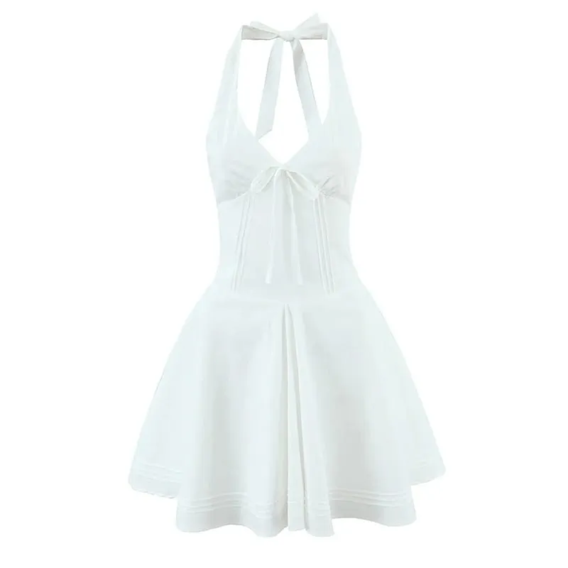 Sexy profundo v halter branco mini vestido feminino moda sem costas a linha elegante vestidos de festa verão robe rendas até vestidos — image 3