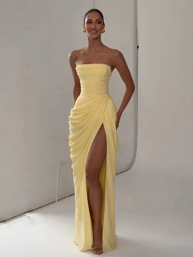 Women Strapless Pleated Long Dress Elegant Solid Split Sleeveless Backless High Waist Slim Fit Maxi Dresses 2026 Lady Party Robe — image 3