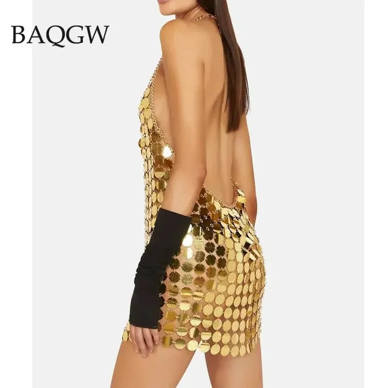 Moda feminina sem mangas sexy sem costas glitter preto ouro chainmail lantejoulas retalhos mini vestidos diana vestido de disco de prata — image 4
