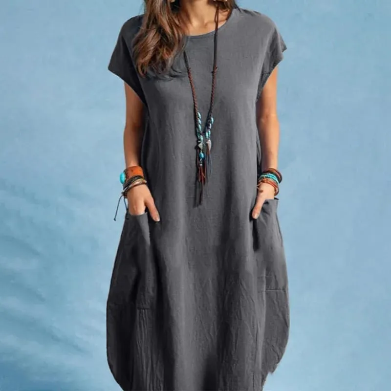 Summer Casual Cotton Dress for Woman O-Neck Short Cap Sleeve Loose Cotton Knee-Length Dress Vacation Day Wear Robes Femme — image 10