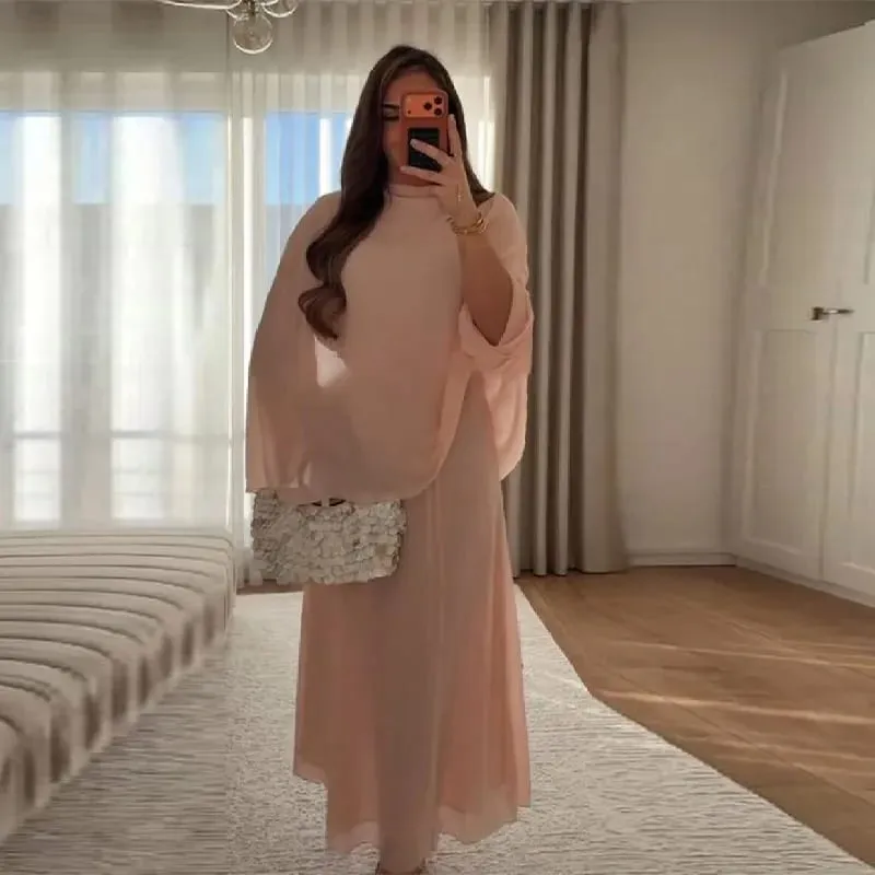 Women's Fashion Pink High Neck Cape Dress Elegant Loose Long Sleeve Flowy Maxi Dress 2026 Spring NEW Lady Evening Party Outfit — image 3