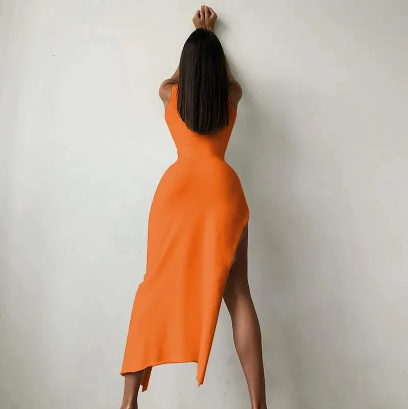 Y2k Ärmlös Orange Midi Klänningar Dam Klänningar Sida Slits Turtleneck Inställning Bodycon Sexig Fest Elegant Klänning 2024 Basic Vintage Robe — image 3