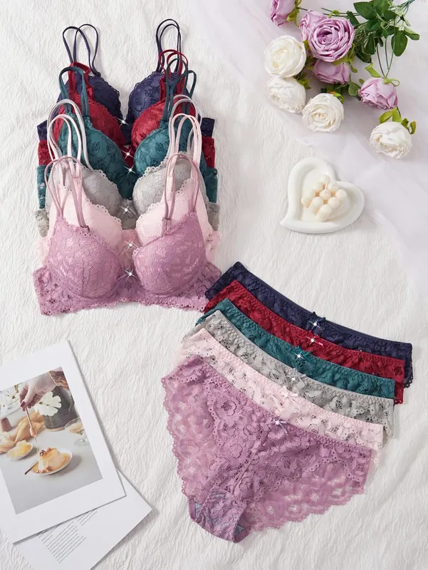 6-Piece Set Women's Underwear Set Sexy Patterned Lace Patchwork No Lining Comfortable Fitting Women's Push-Up Bra Sexy Lingerie — image 11