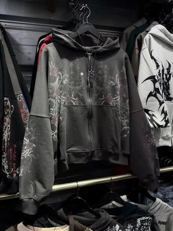 Mens Zip Up Hoodie Azul Escuro Asas Imprimir Gráfico Exclusivo Y2K Streetwear Americano Urbano Pulôver Roupas Juvenis Moletom Com Capuz — image 5