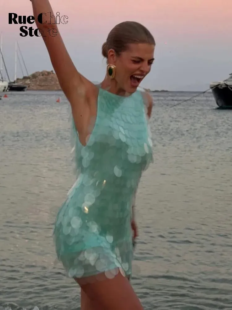 Sexig paljett Rygglös Ärmlös klänning Kvinnor Chic High Waist Bodycon Sling Miniklänningar 2026 Lady Beach Vacation Party Club Wear — image 2