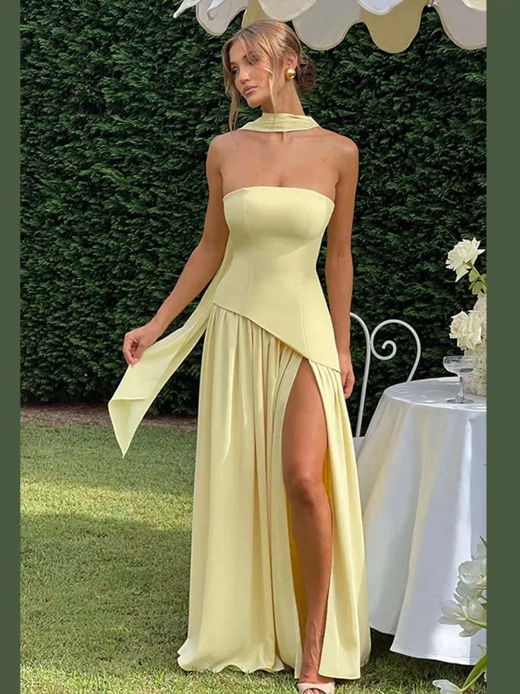Solid Gesplitst Lint Maxi Jurk Vrouwen Elegante Strapless Mouwloze Slit Lange Jurken 2025 Nieuwe Zomer Vakantie Party Lady Vestidos — image 2
