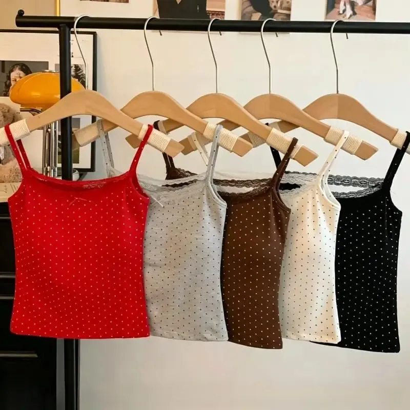 Women Summer Polka Dot Tank Tops Sweet Lace Edge Built-in Bra Pads Backless Slim Fit Camis for Travel Daily Wear — image 6