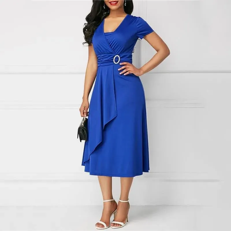 We.Fine Dress Women Solid Color Short Sleeve V Neck Asymmetric Hem Waist Midi Party Dress Elastic Female Dresses Woman Vestidos — image 3